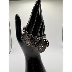 Express Large Gunmetal Silver Chain Charm Bracelet Fleur De Lis Medallion